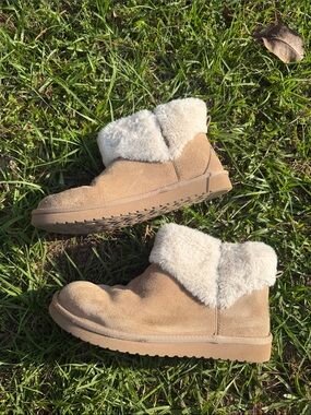 Koolaburra Tan Suede Fold-Over Shearling Ankle Boots